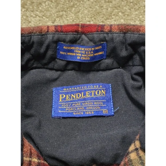 Pendleton Red Green Brown Plaid Virgin Wool Flannel Shirt Elbow Patch Mens M - Picture 5 of 16